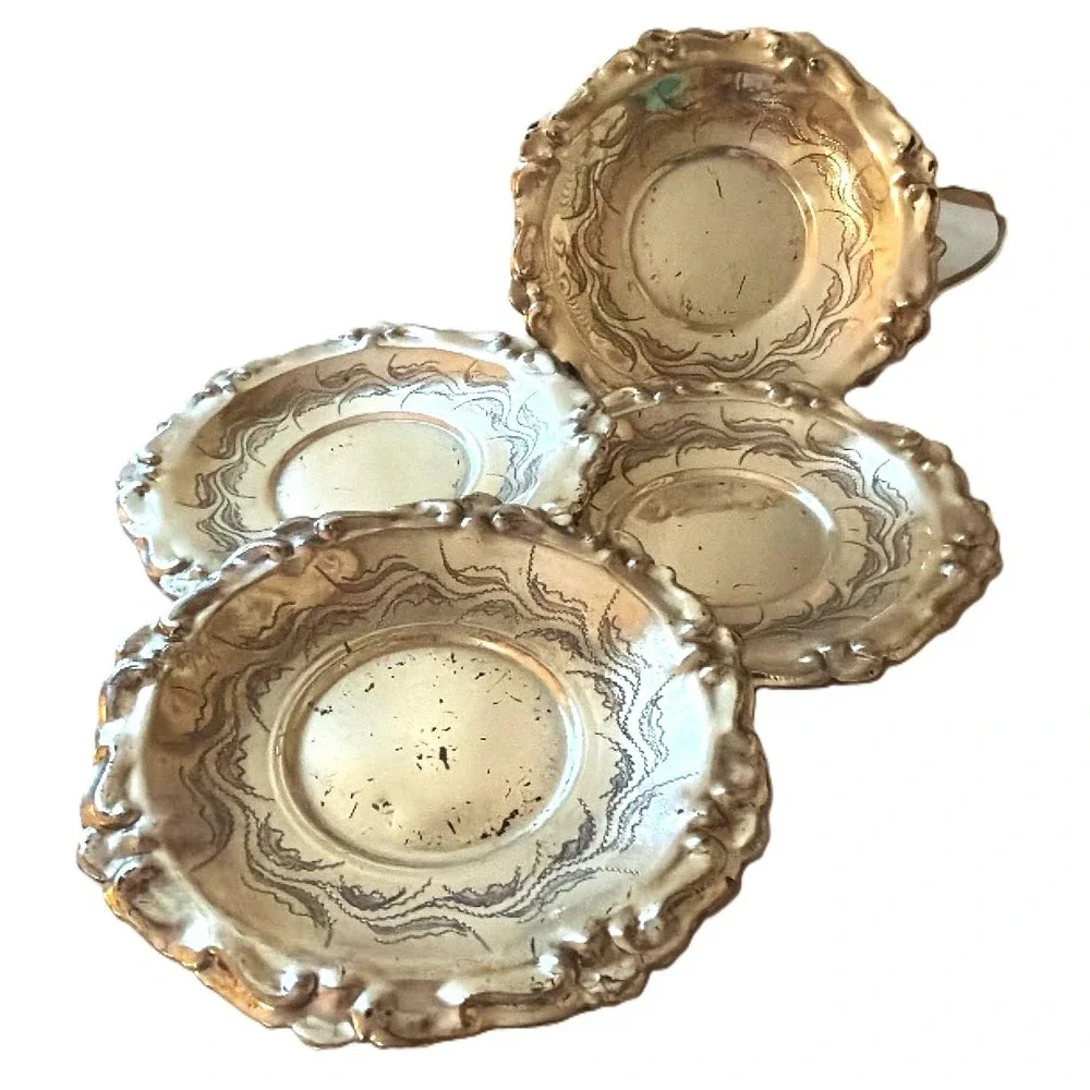 Vintage Tea Glass Holder and Saucer Set of 4 Silver Tone Etched Floral Ornate